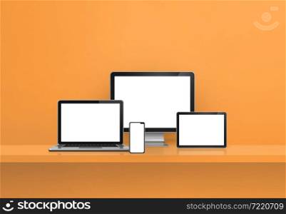 Computer, laptop, mobile phone and digital tablet pc - orange wall shelf banner. 3D Illustration. Computer, laptop, mobile phone and digital tablet pc. orange shelf banner