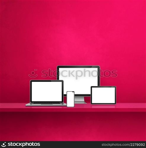 Computer, laptop, mobile phone and digital tablet pc - Pink wall shelf background. 3D Illustration. Computer, laptop, mobile phone and digital tablet pc. Pink shelf background