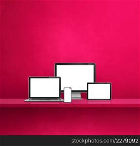 Computer, laptop, mobile phone and digital tablet pc - Pink wall shelf background. 3D Illustration. Computer, laptop, mobile phone and digital tablet pc. Pink shelf background