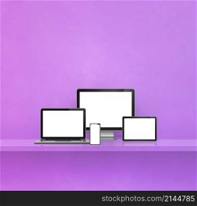 Computer, laptop, mobile phone and digital tablet pc - Purple wall shelf background. 3D Illustration. Computer, laptop, mobile phone and digital tablet pc. Purple shelf background