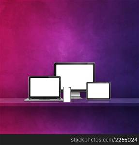 Computer, laptop, mobile phone and digital tablet pc - Purple wall shelf background. 3D Illustration. Computer, laptop, mobile phone and digital tablet pc. Purple shelf background