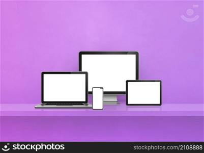 Computer, laptop, mobile phone and digital tablet pc - Purple wall shelf banner. 3D Illustration. Computer, laptop, mobile phone and digital tablet pc. Purple shelf banner