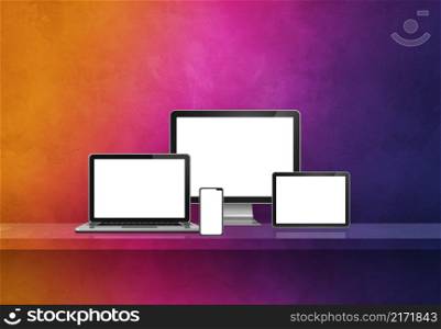 Computer, laptop, mobile phone and digital tablet pc - rainbow wall shelf banner. 3D Illustration. Computer, laptop, mobile phone and digital tablet pc. rainbow shelf banner