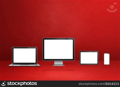 Computer, laptop, mobile phone and digital tablet pc - red office desk background. 3D Illustration. computer, laptop, mobile phone and digital tablet pc. red background