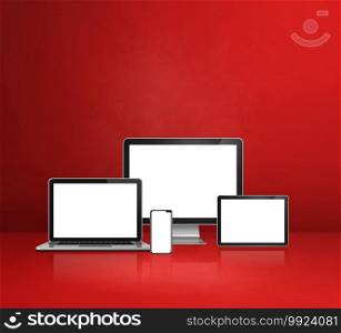 Computer, laptop, mobile phone and digital tablet pc - red office desk background. 3D Illustration. computer, laptop, mobile phone and digital tablet pc. red background
