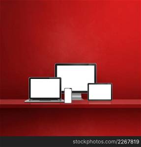 Computer, laptop, mobile phone and digital tablet pc - red wall shelf background. 3D Illustration. Computer, laptop, mobile phone and digital tablet pc. red shelf background