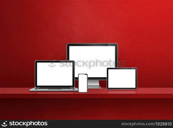 Computer, laptop, mobile phone and digital tablet pc - red wall shelf banner. 3D Illustration. Computer, laptop, mobile phone and digital tablet pc. red shelf banner