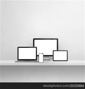 Computer, laptop, mobile phone and digital tablet pc - white concrete wall shelf background. 3D Illustration. Computer, laptop, mobile phone and digital tablet pc. white concrete shelf background