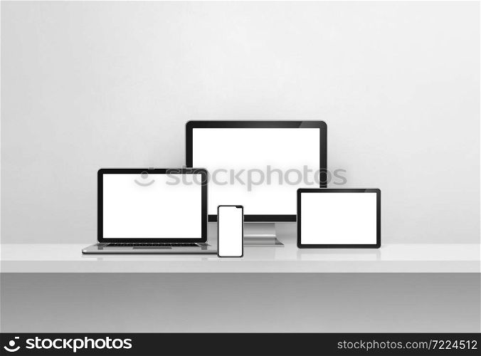 Computer, laptop, mobile phone and digital tablet pc - white concrete wall shelf banner. 3D Illustration. Computer, laptop, mobile phone and digital tablet pc. white concrete shelf banner