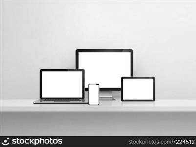 Computer, laptop, mobile phone and digital tablet pc - white concrete wall shelf banner. 3D Illustration. Computer, laptop, mobile phone and digital tablet pc. white concrete shelf banner