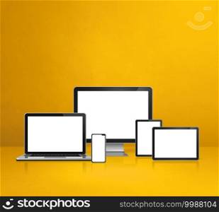 Computer, laptop, mobile phone and digital tablet pc - yellow office desk background. 3D Illustration. computer, laptop, mobile phone and digital tablet pc. yellow background