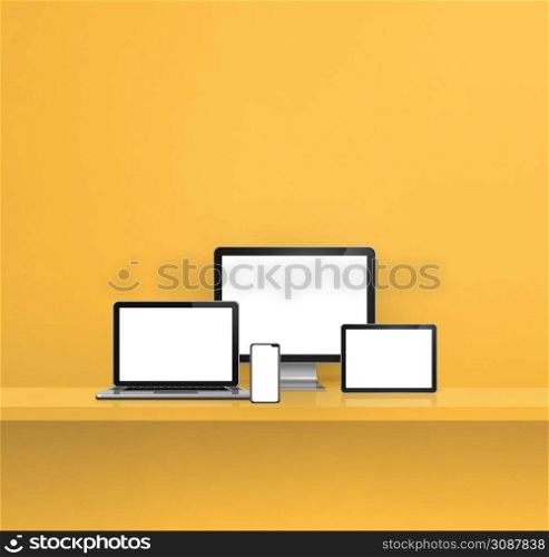 Computer, laptop, mobile phone and digital tablet pc - yellow wall shelf background. 3D Illustration. Computer, laptop, mobile phone and digital tablet pc. yellow shelf background