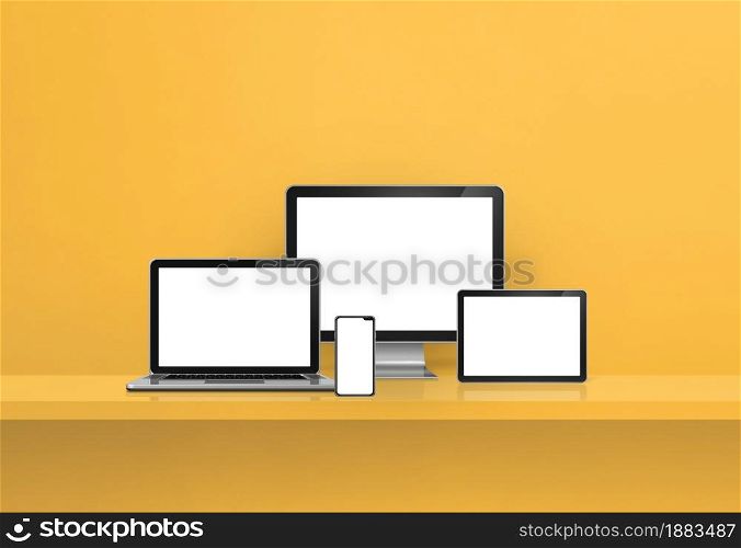 Computer, laptop, mobile phone and digital tablet pc - yellow wall shelf banner. 3D Illustration. Computer, laptop, mobile phone and digital tablet pc. yellow shelf banner
