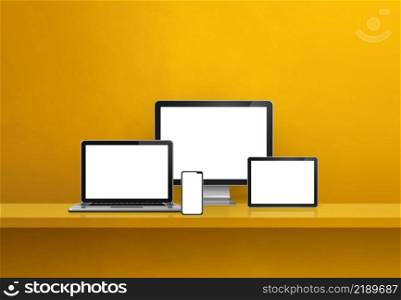Computer, laptop, mobile phone and digital tablet pc - yellow wall shelf banner. 3D Illustration. Computer, laptop, mobile phone and digital tablet pc. yellow shelf banner