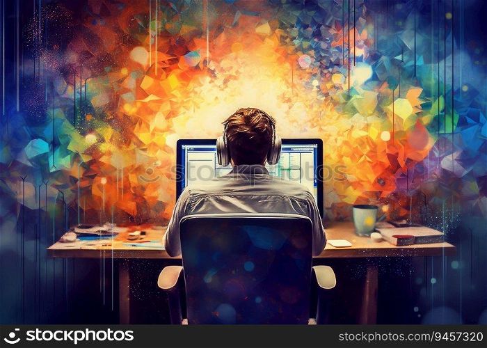Computer man blogger colorful. News work. Generate Ai. Computer man blogger colorful. Generate Ai