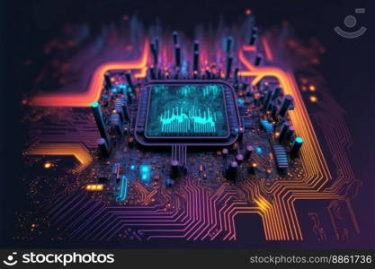 Computer microchip semiconductor on motherboard futuristic cyber neon lighting. Peculiar AI generative image.. Computer microchip semiconductor on motherboard futuristic cyber neon lighting