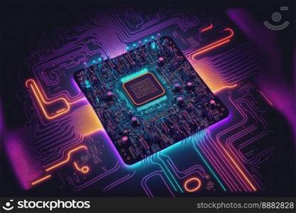 Computer microchip semiconductor on motherboard futuristic cyber neon lighting. Peculiar AI generative image.. Computer microchip semiconductor on motherboard futuristic cyber neon lighting