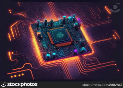 Computer microchip semiconductor on motherboard futuristic cyber neon lighting. Peculiar AI generative image.. Computer microchip semiconductor on motherboard futuristic cyber neon lighting