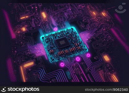 Computer microchip semiconductor on motherboard futuristic cyber neon lighting. Peculiar AI generative image.. Computer microchip semiconductor on motherboard futuristic cyber neon lighting