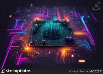 Computer microchip semiconductor on motherboard futuristic cyber neon lighting. Peculiar AI generative image.. Computer microchip semiconductor on motherboard futuristic cyber neon lighting
