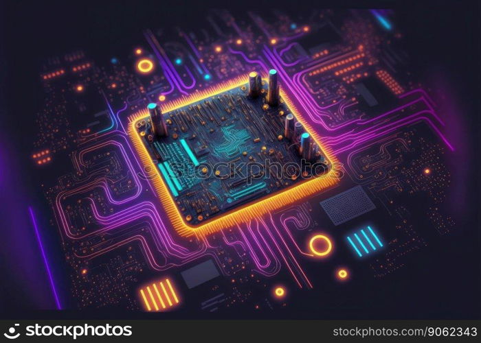 Computer microchip semiconductor on motherboard futuristic cyber neon lighting. Peculiar AI generative image.. Computer microchip semiconductor on motherboard futuristic cyber neon lighting