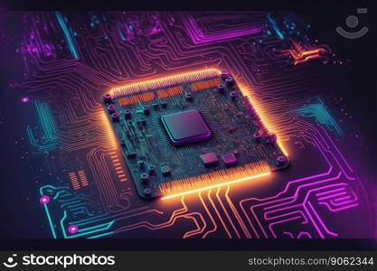 Computer microchip semiconductor on motherboard futuristic cyber neon lighting. Peculiar AI generative image.. Computer microchip semiconductor on motherboard futuristic cyber neon lighting