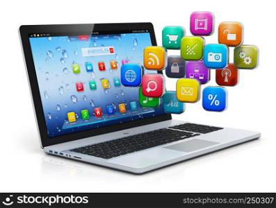 Computer mobility, internet communication and cloud computing concept: white laptop with cloud of color application icons isolated on white background
