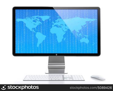 Computer monitor. Computer monitor with World map and flying digits on screen isolated on white background