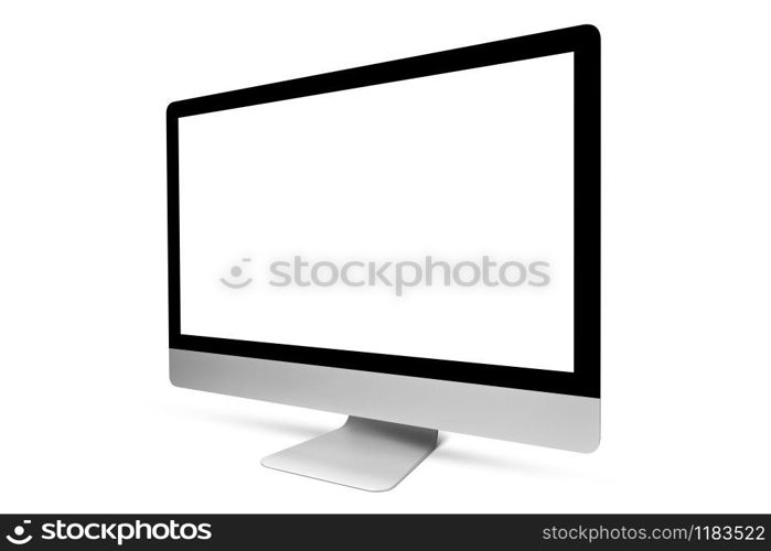 Computer monitor with blank mockup screen for work and play games on a white background with copy space.. Computer display with blank mockup screen on white background.