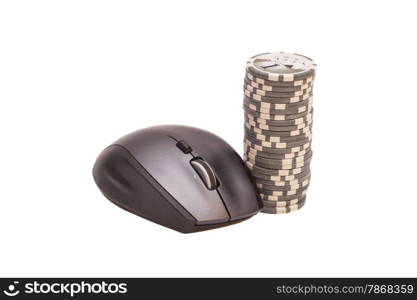 Computer mouse and pile of gambling chips. Online internet casino