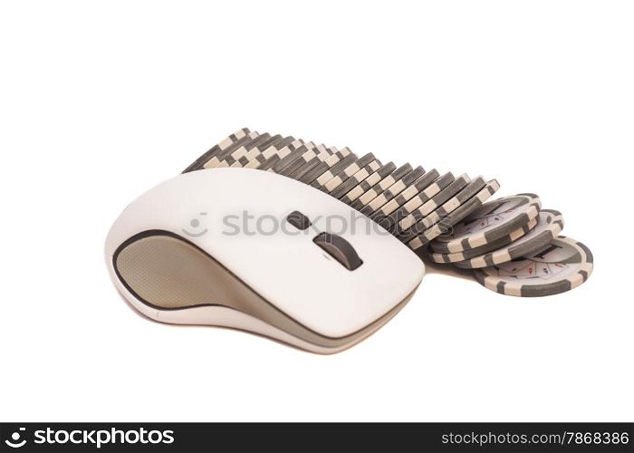 Computer mouse and pile of gambling chips. Online internet casino