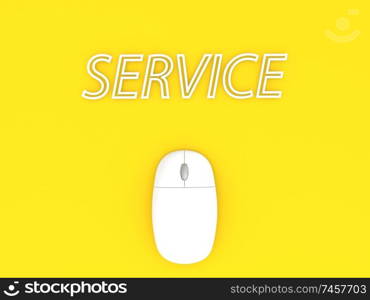 Computer mouse and service on a yellow background. 3d render illustration.. Computer mouse and service on a yellow background. 