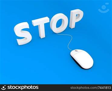 Computer mouse and stop on blue background. 3d render illustration.. Computer mouse and stop on blue background.