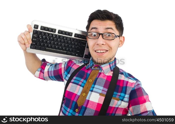 Computer nerd with keyboard isolated on white
