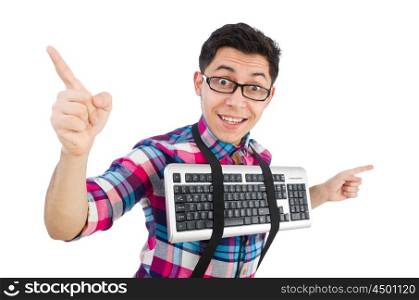 Computer nerd with keyboard isolated on white