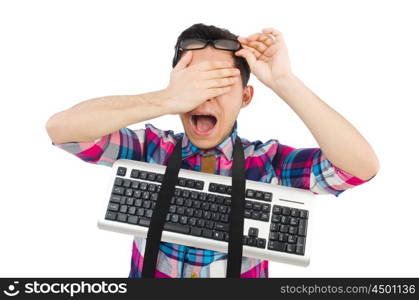 Computer nerd with keyboard isolated on white