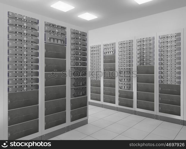 computer network server room 3d render representing internet and hosting company and data center concept