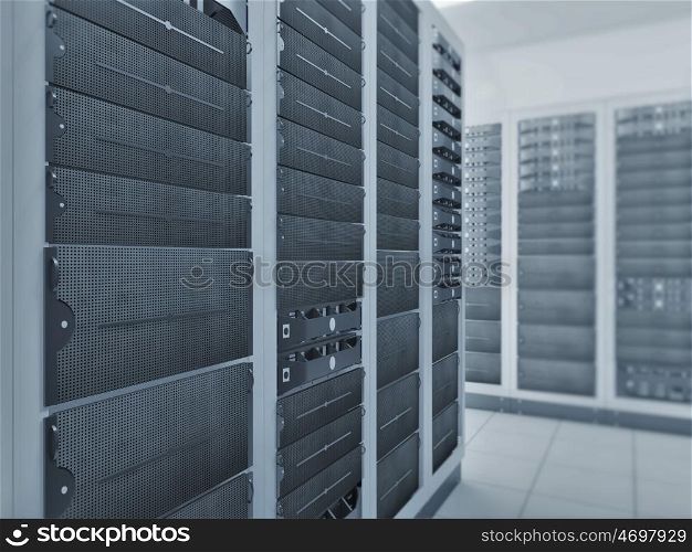 computer network server room 3d render representing internet and hosting company and data center concept