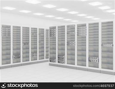 computer network server room 3d render representing internet and hosting company and data center concept