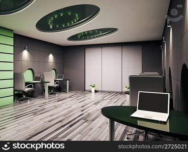 Computer office interior with laptops 3d render