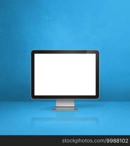 Computer pc - blue office desk background. 3D Illustration. Computer pc on blue Desk background