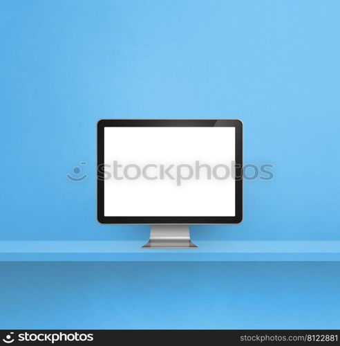 Computer pc - blue wall shelf background. 3D Illustration. Computer pc on blue shelf background