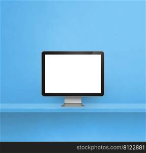 Computer pc - blue wall shelf background. 3D Illustration. Computer pc on blue shelf background