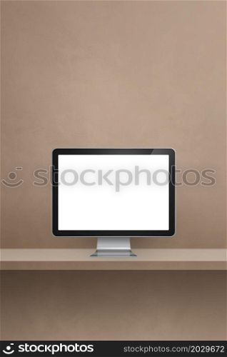 Computer pc - brown wall shelf. Vertical background. 3D Illustration. Computer pc on brown shelf. Vertical background