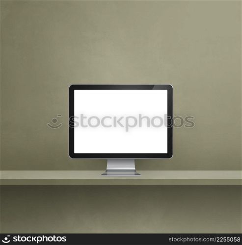Computer pc - green wall shelf background. 3D Illustration. Computer pc on green shelf background