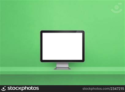 Computer pc - green wall shelf banner. 3D Illustration. Computer pc on green shelf banner