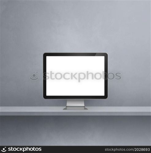 Computer pc - grey wall shelf background. 3D Illustration. Computer pc on grey shelf background