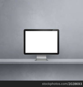 Computer pc - grey wall shelf background. 3D Illustration. Computer pc on grey shelf background