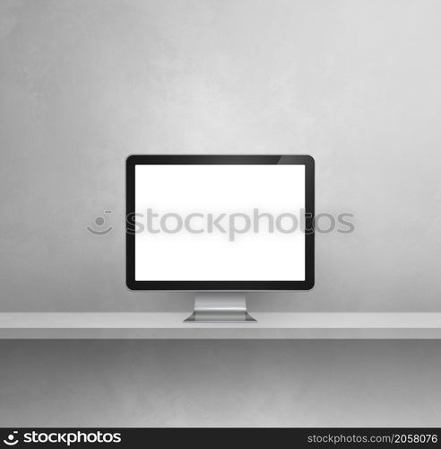 Computer pc - grey wall shelf background. 3D Illustration. Computer pc on grey shelf background