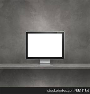 Computer pc - grey wall shelf background. 3D Illustration. Computer pc on grey shelf background